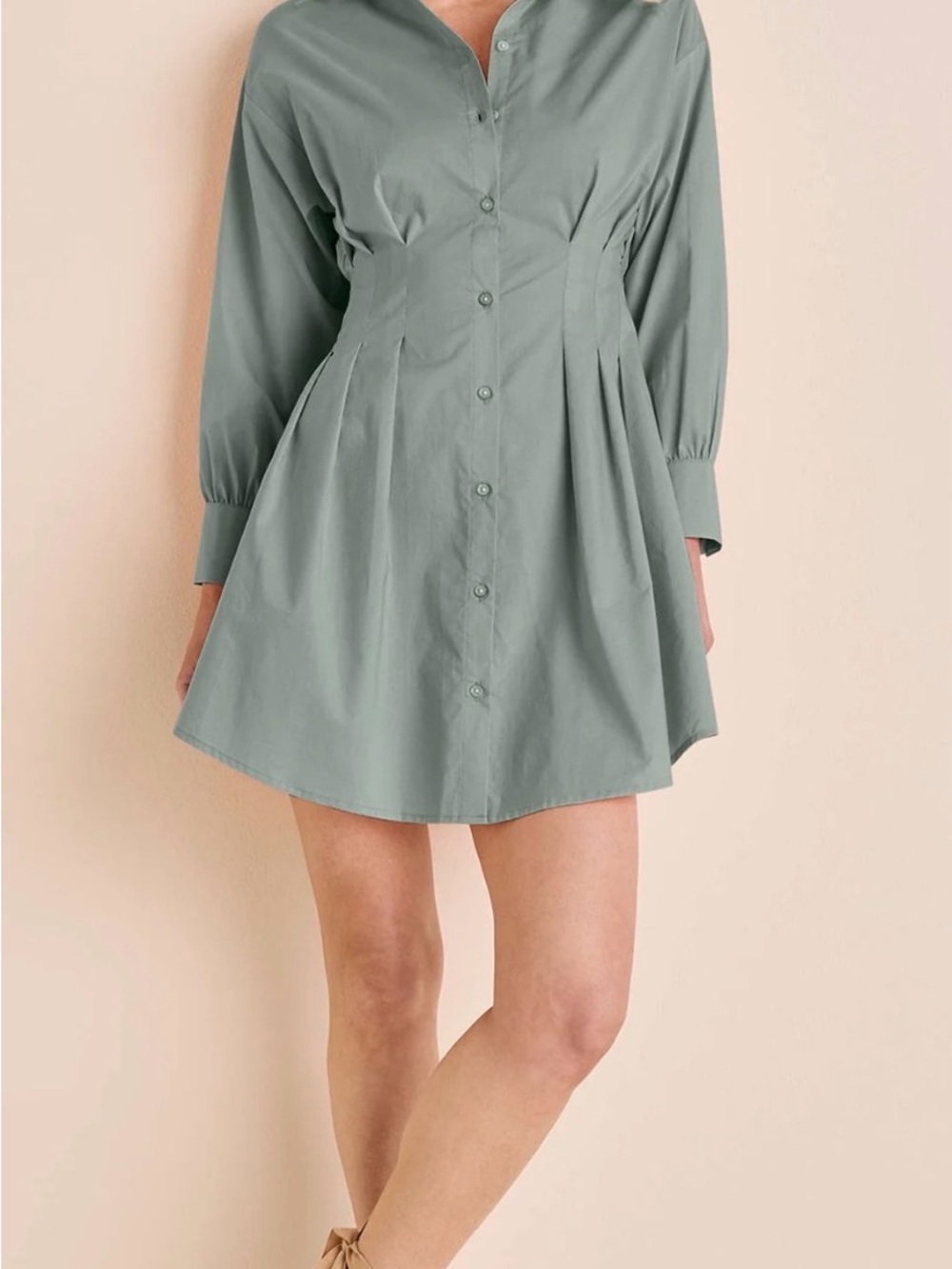 VENUS Sage Green Button-Front Mini Shirt Dress